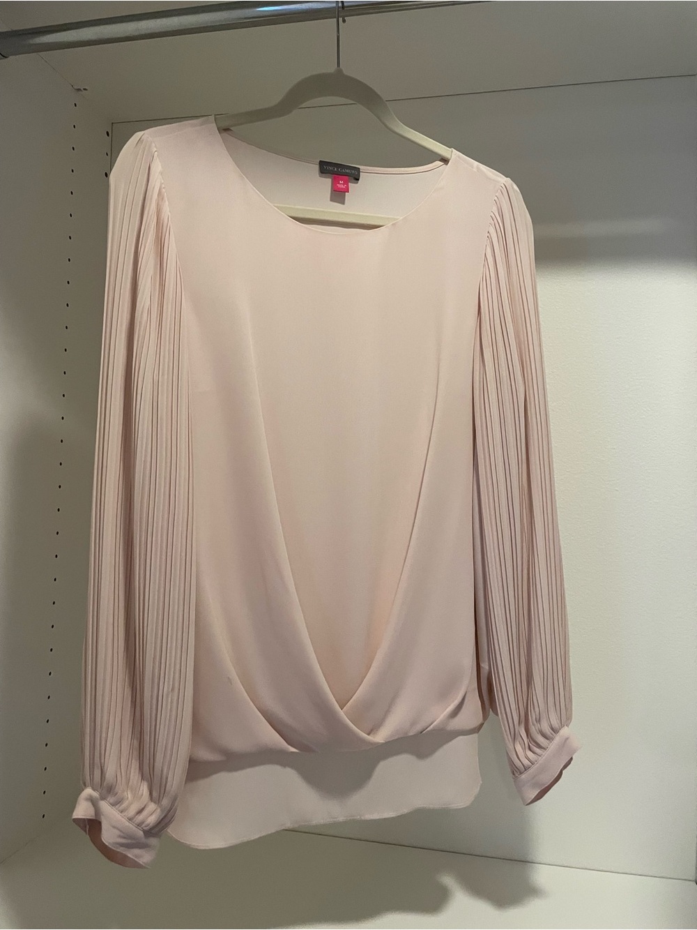 Vince Camuto Blush Pleated-Sleeve Draped Front Blouse